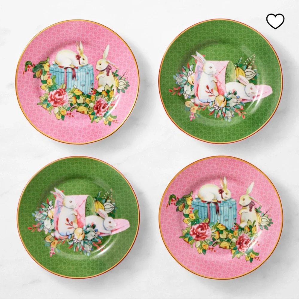set of 4 NIB Williams Sonoma Pink and Green Bunny Famille Rose Appetizer Plates